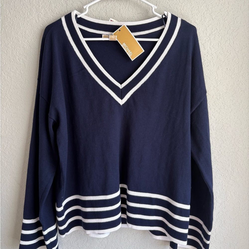 NWT Michael Kors Navy V-Neck Varsity Sweater with White Stripes